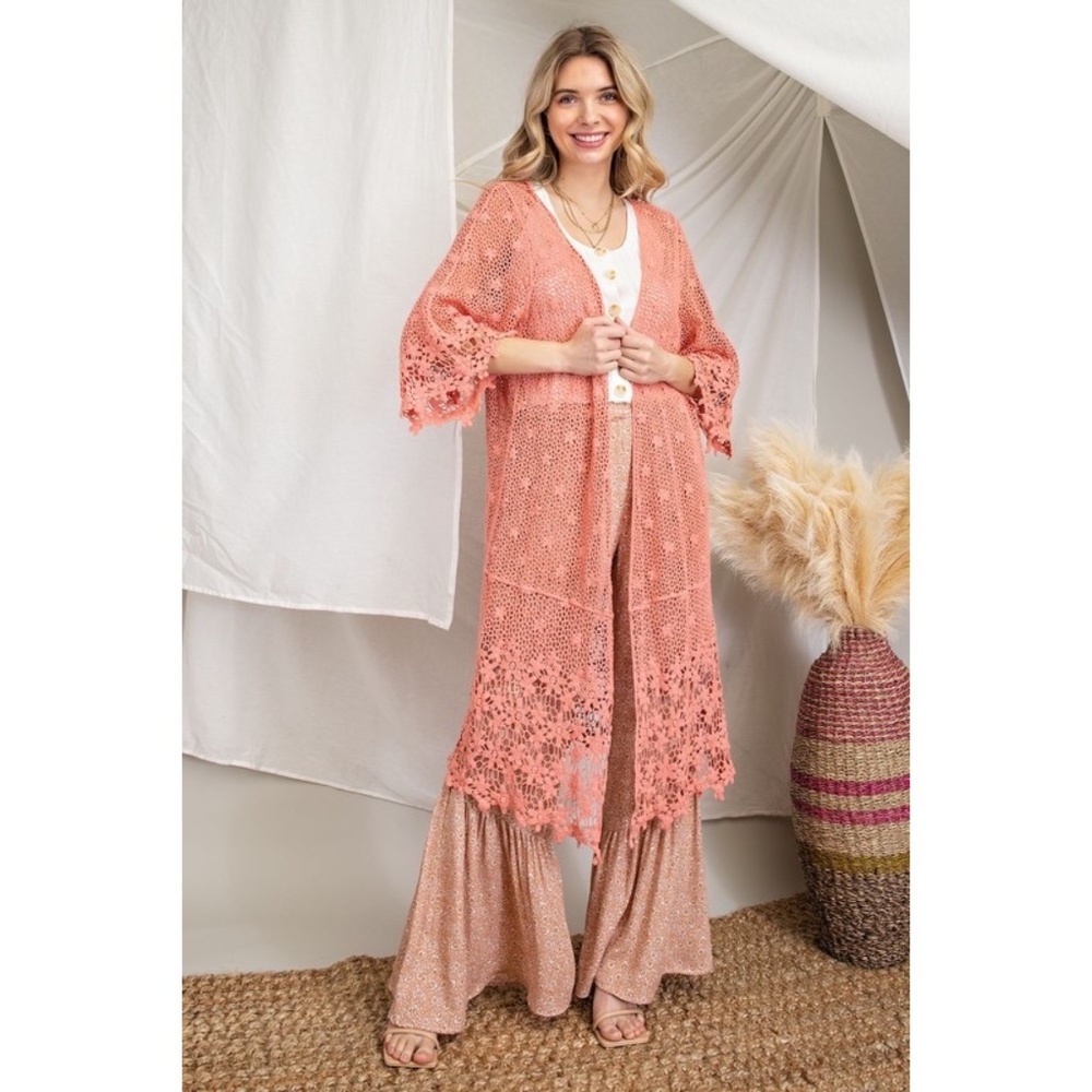 143 Story Coral Floral Crochet Open Front Cardigan - Picture 2 of 5